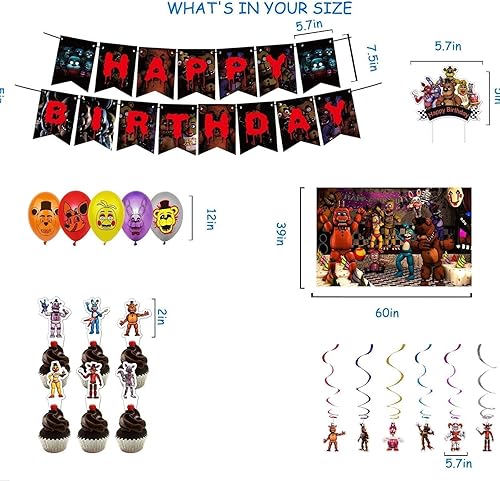 Miniatura 3 de Juego de 108 piezas de suministros de fiesta de Five Nights, incluye pancarta de feliz cumpleaños, decoración de pastel, fondo, remolinos colgantes,