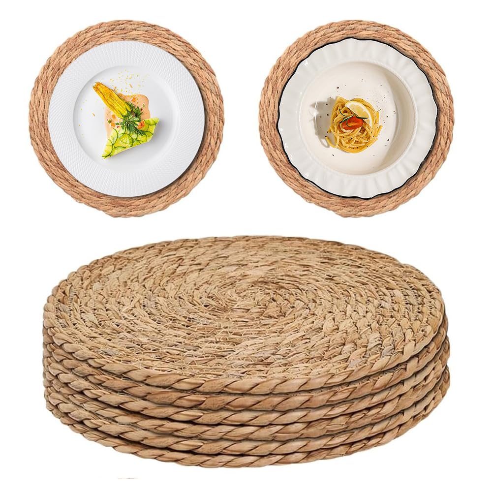 RNPKZ Round Woven Placemats, 6Pcs Handwoven Rattan Placemats, 30CM Heat Resistant Water Hyacinth Placemat, Natural Rattan Placemat, Braided Wicker Table Mats for Dining Table, Home, Party, Wedding
