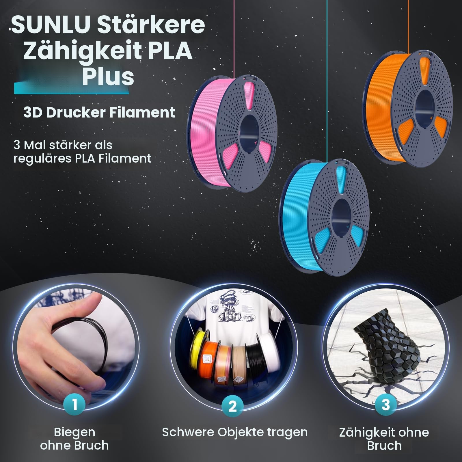 SUNLU 10KG 3D Drucker PLA Plus Filament Bundel Multicolor | PLA+ Filament 1.75mm, Schwarz+Weiß+Grau+Rot+Kleinblau+Grün+Sonniges Orange+Leuchtendes Gelb+Kaffeebraun+Eiche