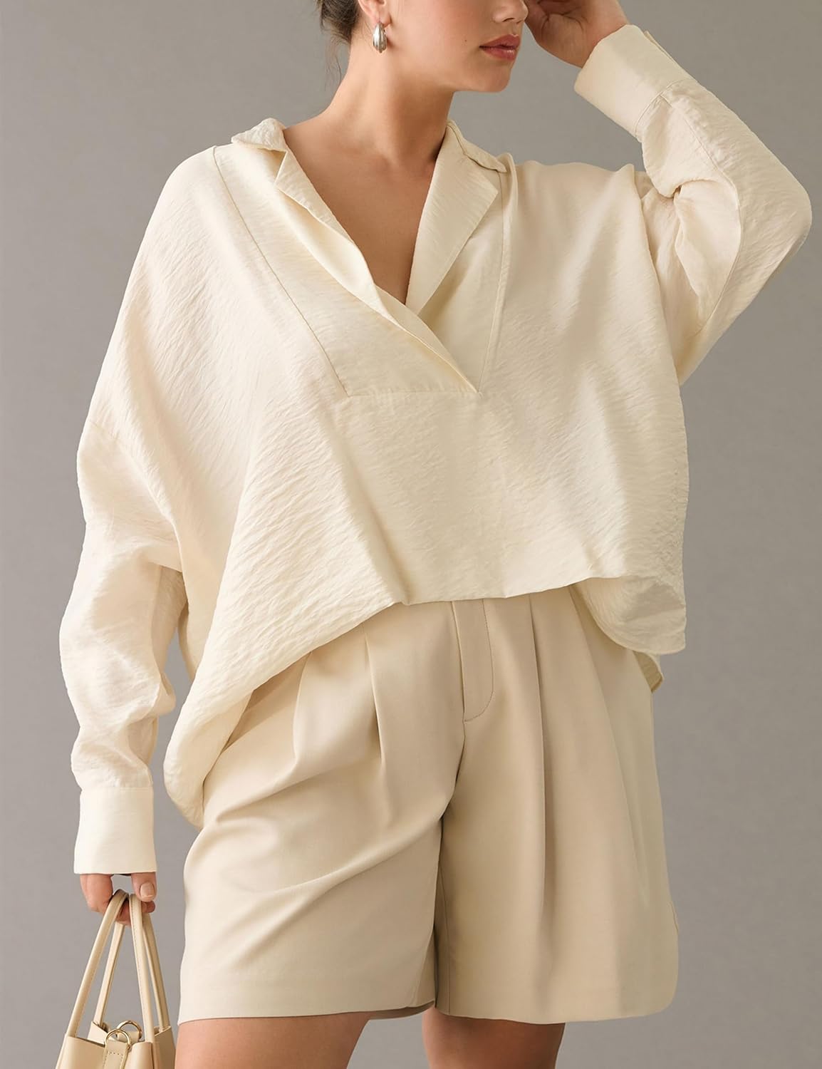 Women Long Sleeve Wide Placket Top Casual V Neck Swing Boxy Fit Blouse Popover Shirt Tunic - Image 6