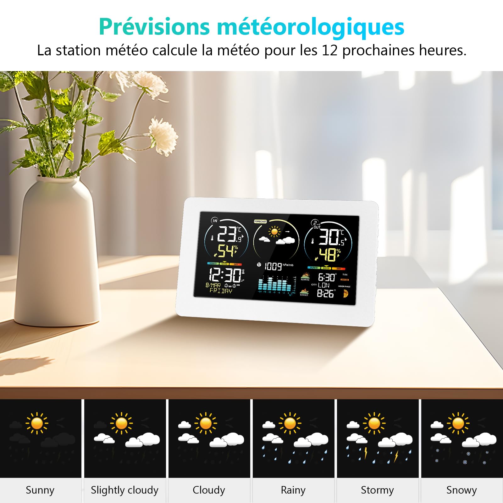 Station Météo Intérieur Extérieur Sans Fil avec 1 Capteur Extérieur | Thermomètre Hygromètre Digital, Écran LCD Couleur, Horloge Radio-commandée, Réveil Snooze, Calendrier, Prévisions Météo