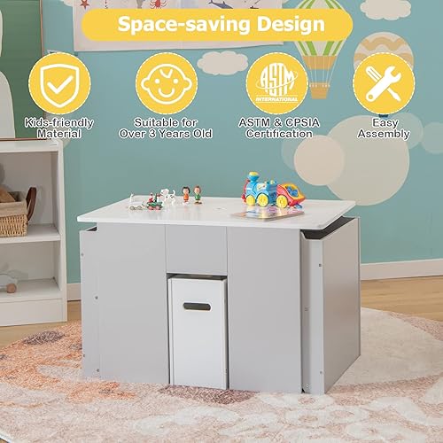 Miniatura 4 de Costzon Juego de mesa y silla para niños, mesa de actividades 4 en 1 y 2 sillas para dibujar, leer, escritorio multiusos para niños con tapa, cubo