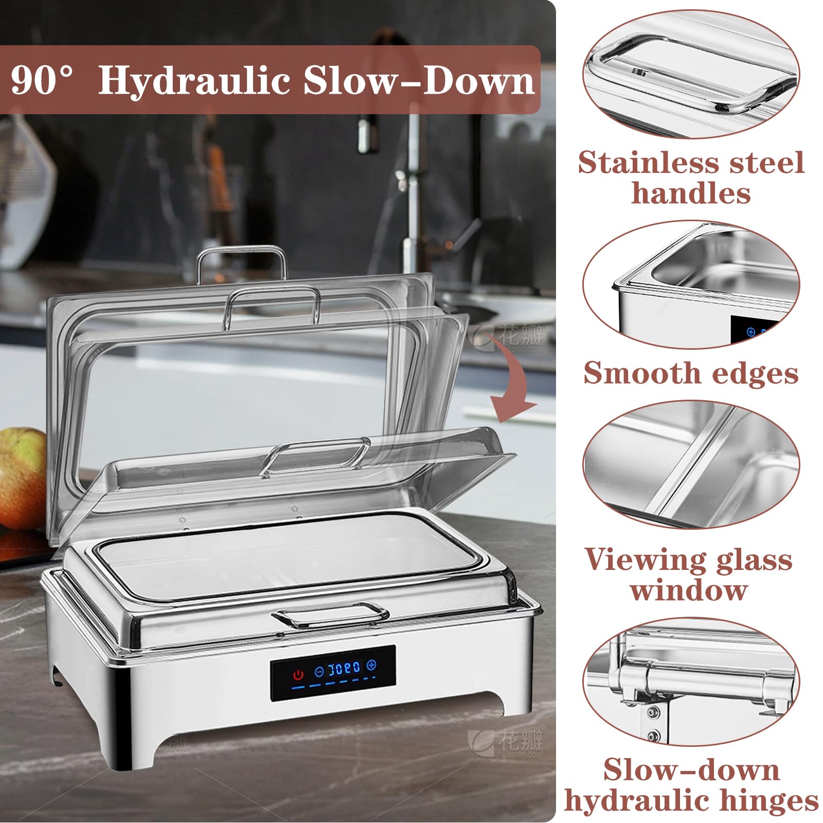 Chafing Dish Buffet Electrico, Profesional Calentador de Buffet Electrico, Food Warmer Buffet Server para Catering y Fiestas, 9L, 400W, 220V, Acero Inoxidable (1/2)