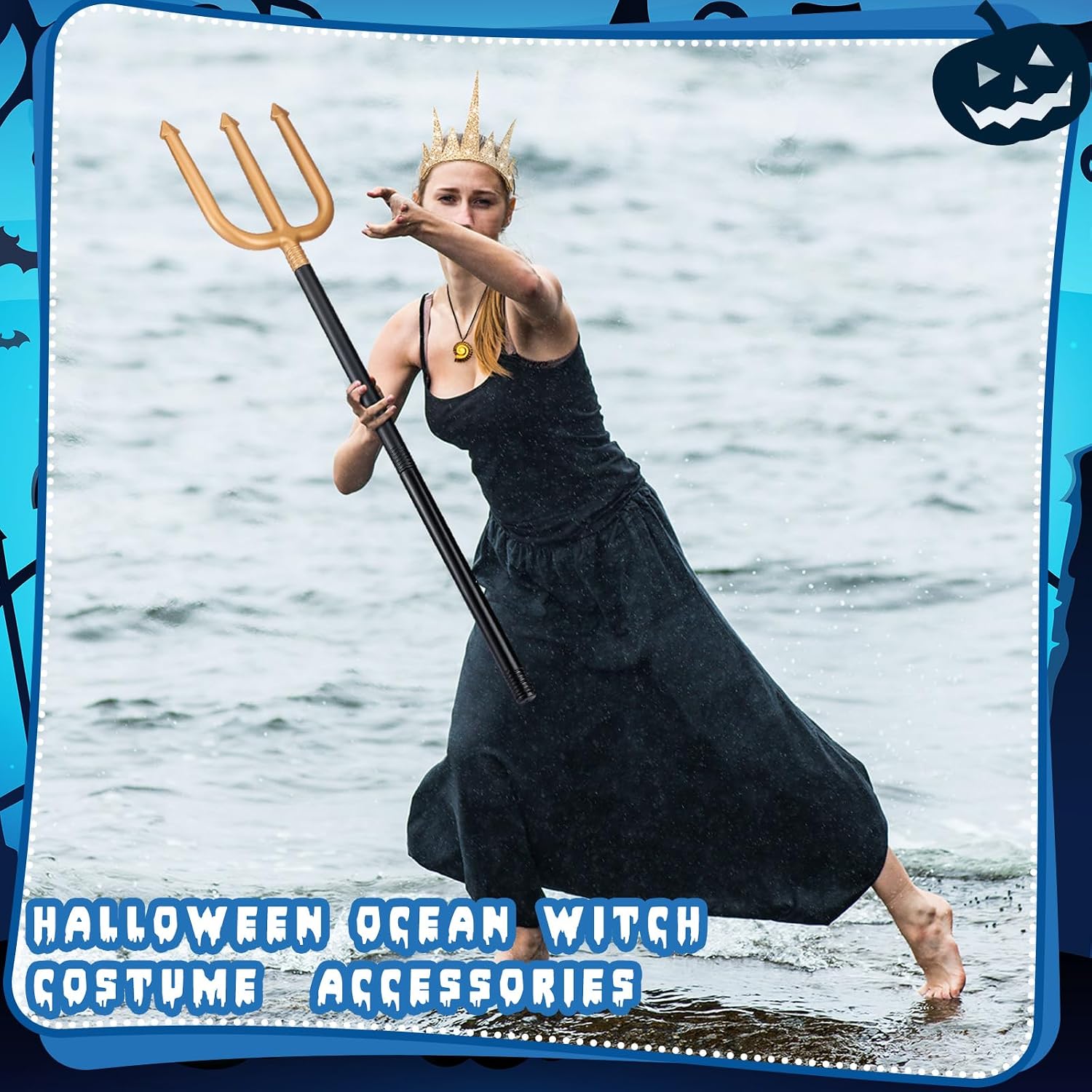 Nosiny 3 Pcs Halloween Octopus Costumes Accessories Set for Women Glitter Golden Crown and Witch Trident and Mermaid Luminous Pendant Necklace for Cosplay