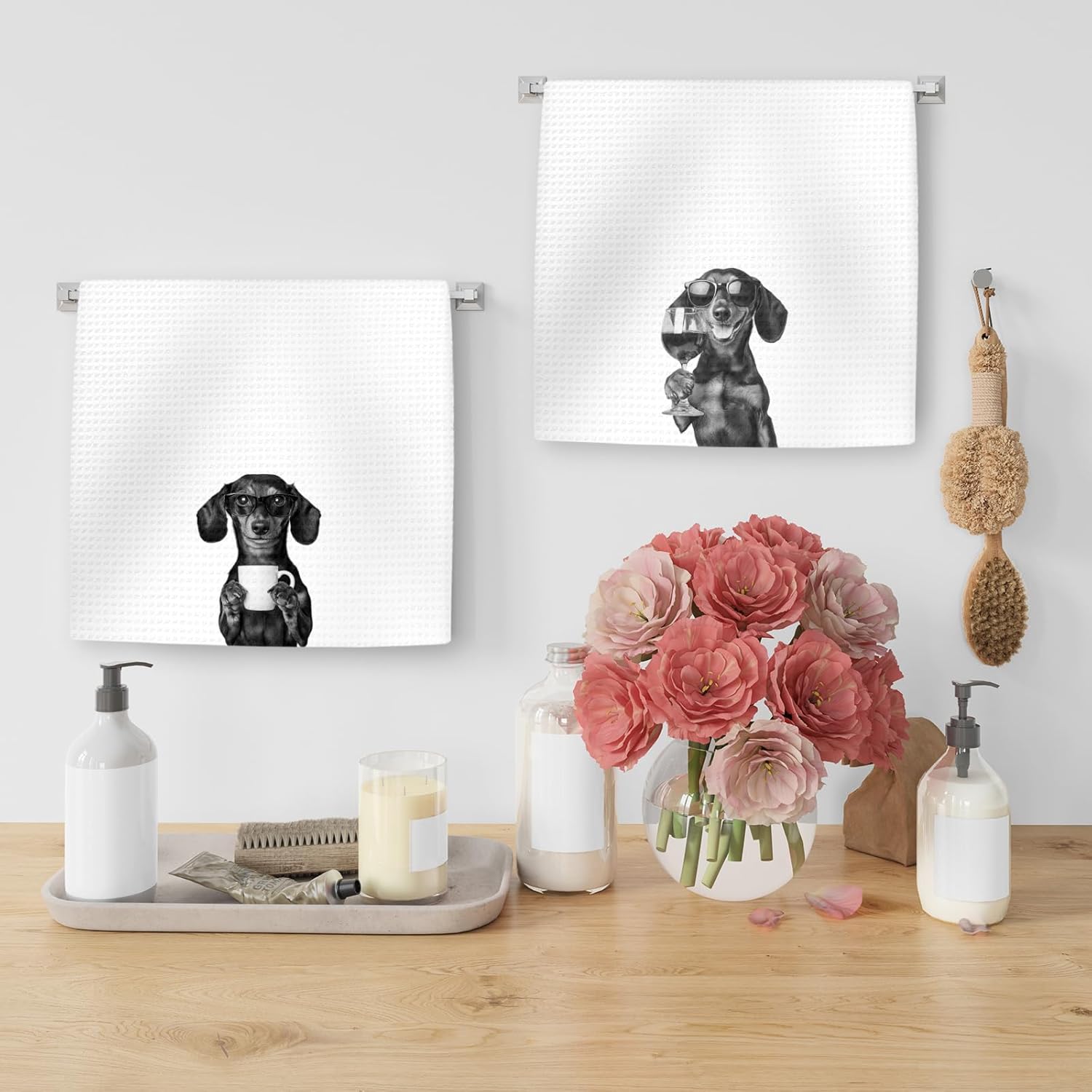 Dachshund Gifts Coffee Wine Kitchen Towels Set of 2, Coffee Dog Dish Tea Towel for Kitchen Decorative, Gifts for Dachshund Lovers Hand Towels, Wine Lover Gift Dog Home Bar Decor, 16x24In - Image 5