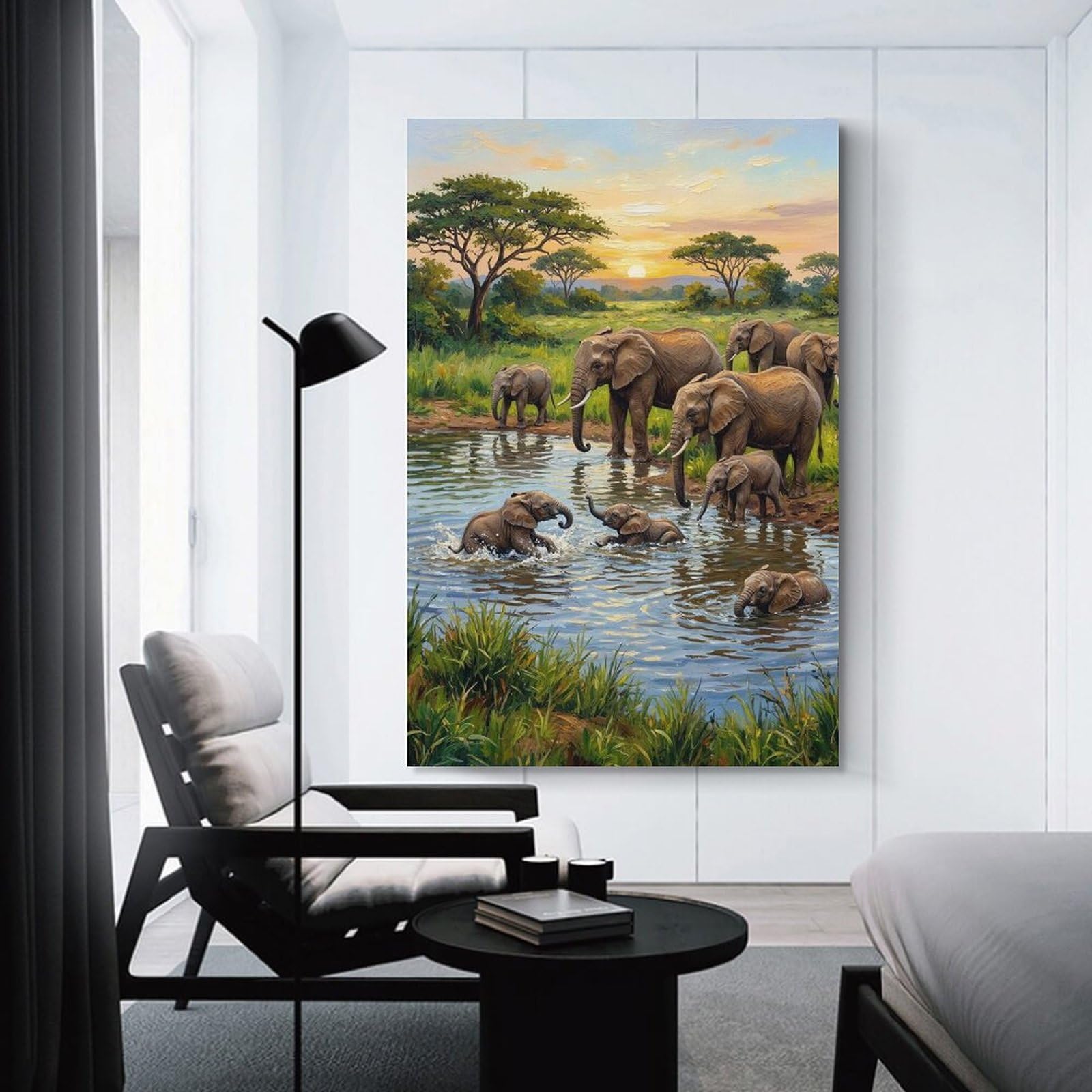 Junmoney Elephants at Watering Hole Painting Hanging Wall Art 16x24inch(40x60cm), for Study, Office Or Focused Interiors, Wall Art That Adds Style to Work Areas