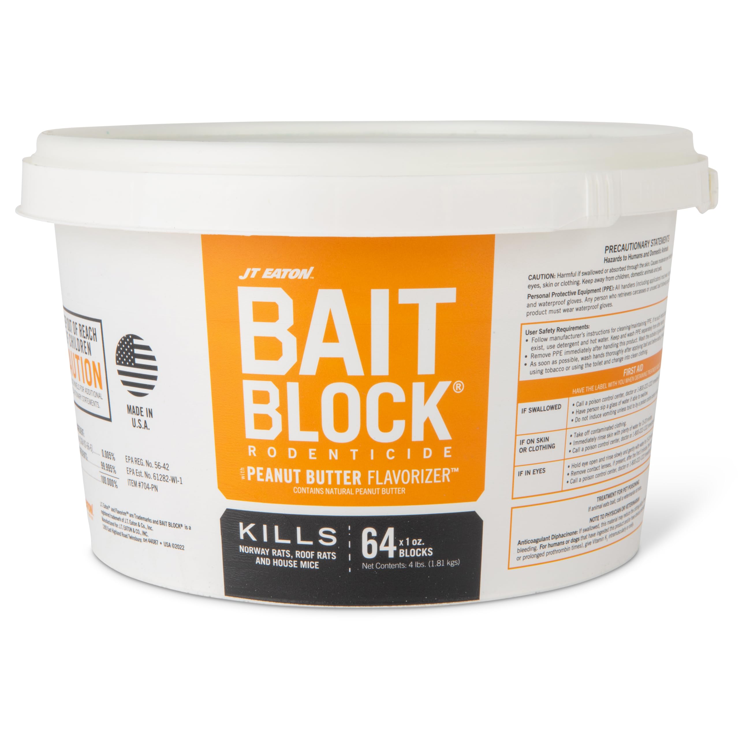 J T Eaton 704-PN Block Rodenticide Anticoagulant Bait, Peanut Butter Flavor, For Mice and Rats (Pail of 64)