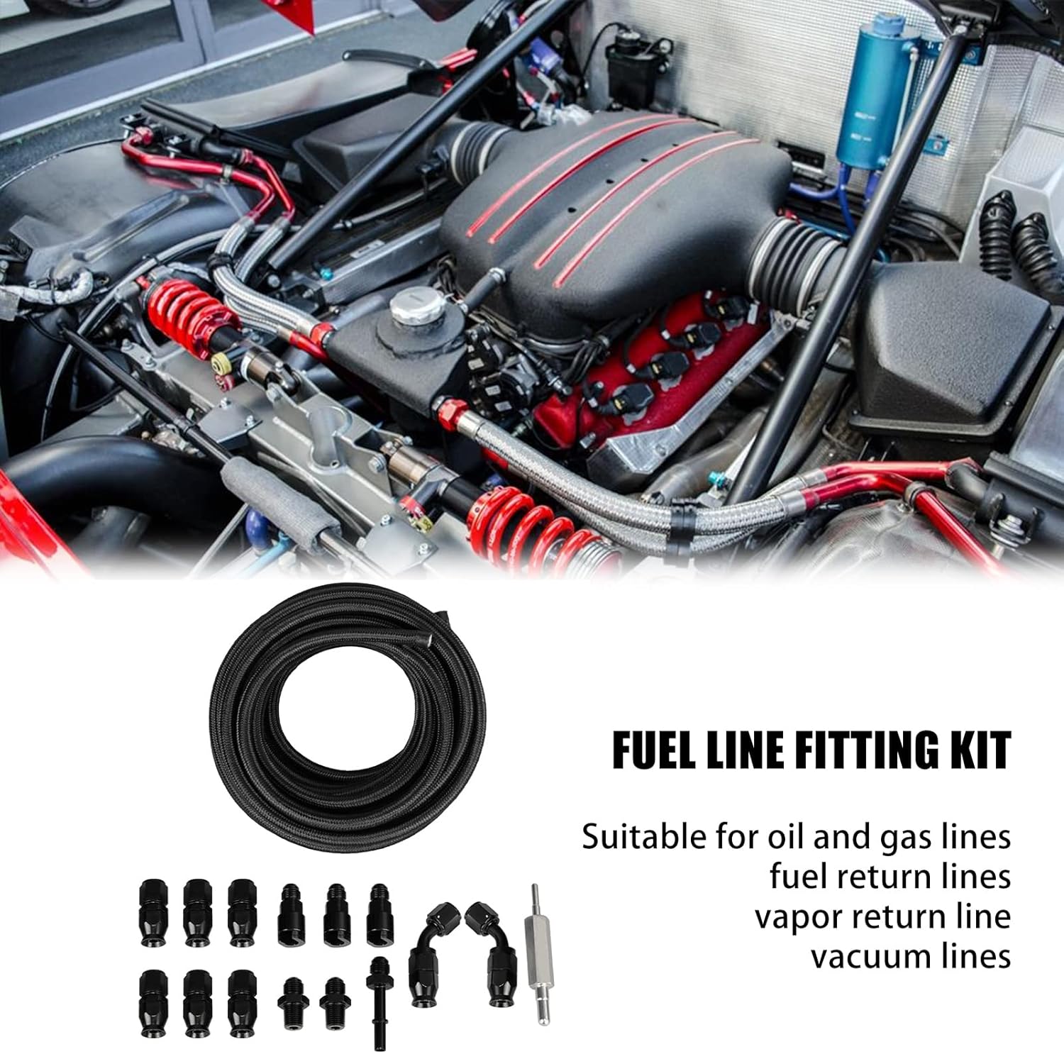 6AN 3/8in Fuel Line Fitting Kit, Flexible PTFE Nylon Oil Gas Hose, Fuel Hose Fitting Adapter Kit for LS Swap EFI System, High Pressure Leak Proof Fuel Line with 15 Connectors