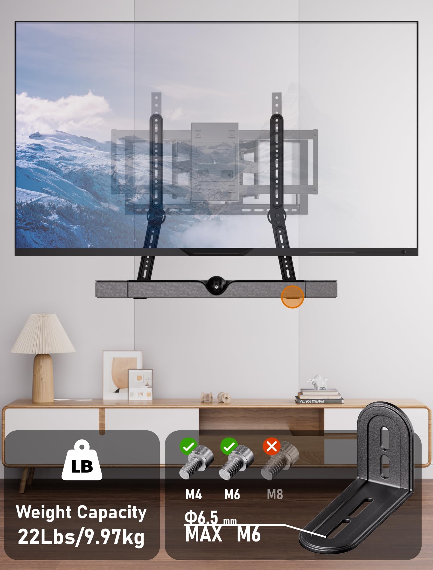 KAMIWI Soporte de barra de sonido para montaje por encima o debajo de televisores, soporte de barra de sonido para TV con brazos giratorios ajustables de 180 grados para una máxima compatibilidad, se