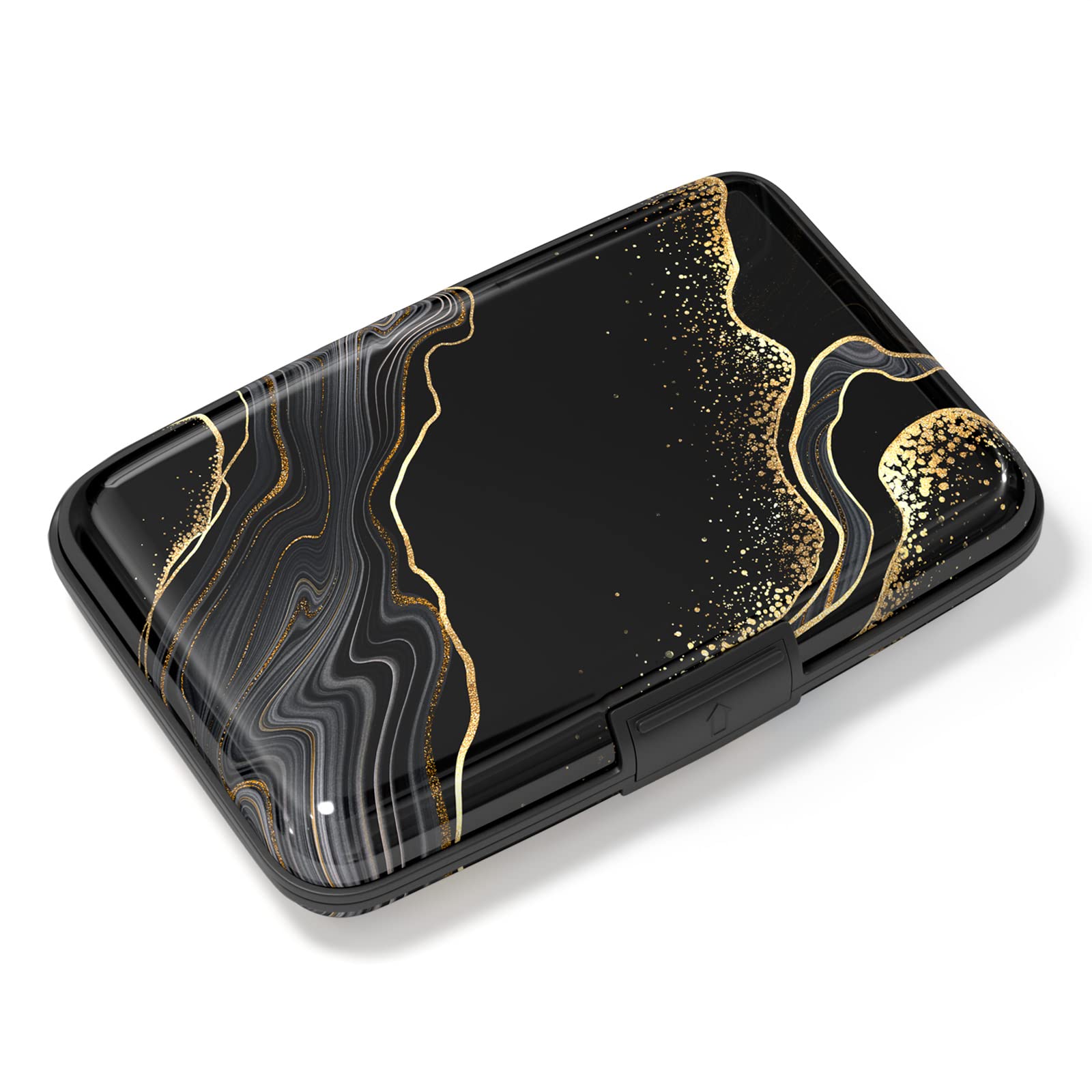 Atufsuat Credit Card Holder, Mini Aluminum Card Wallet RFID Blocking Slim Metal Hard Card Case for Women Men, Black Gold