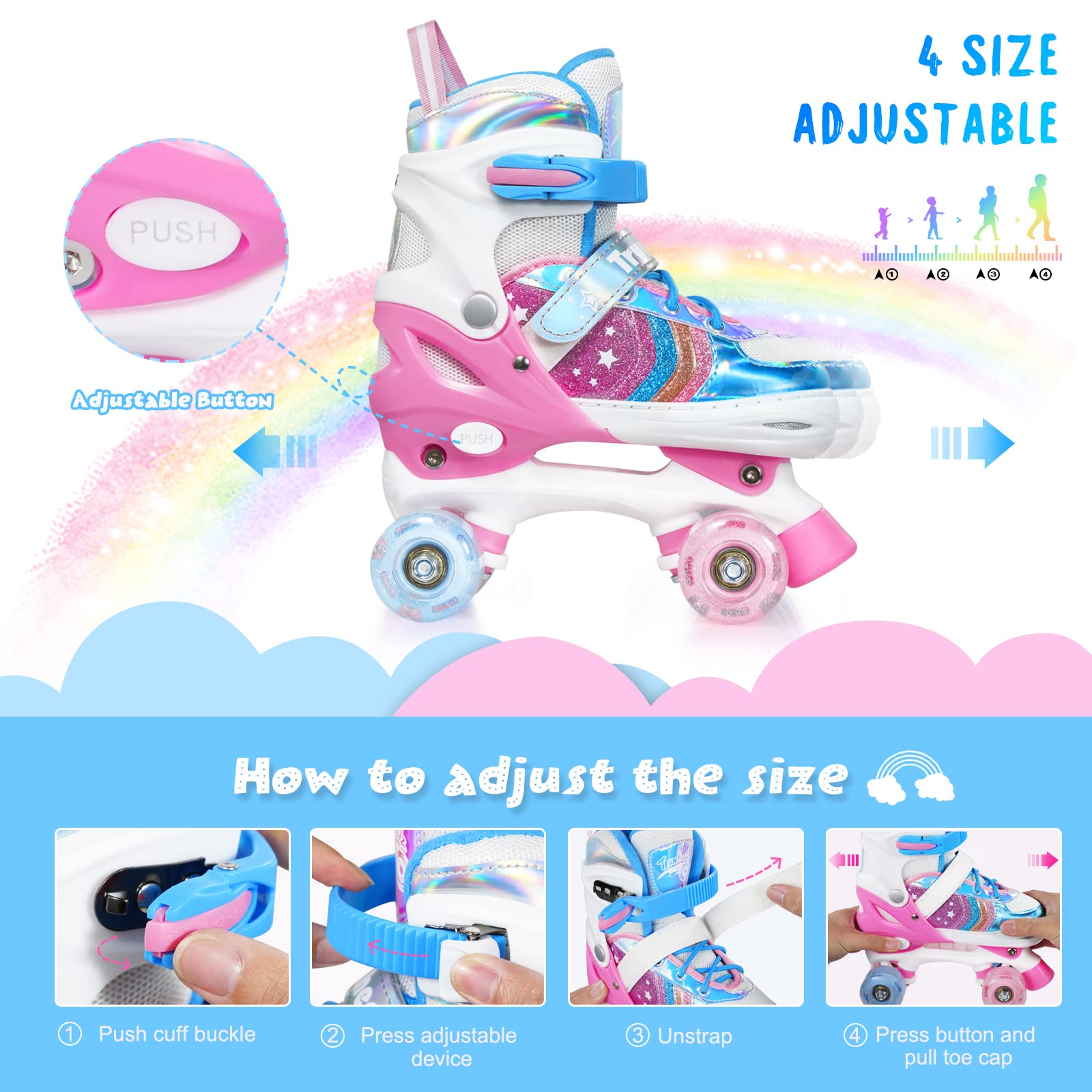 Truwheelz Rainbow Roller Skates for Girls 4 Size Adjustable Light up