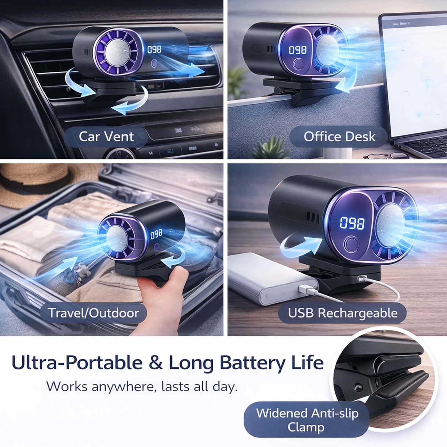 2026 Car Clip On Air Conditioner Fan With Led Display,360° Rotation, 199 Speeds Adjustable,Portable Usb Rechargeable Personal Cooling Mini Fans For Car Vent Office Desk Travel (Black)