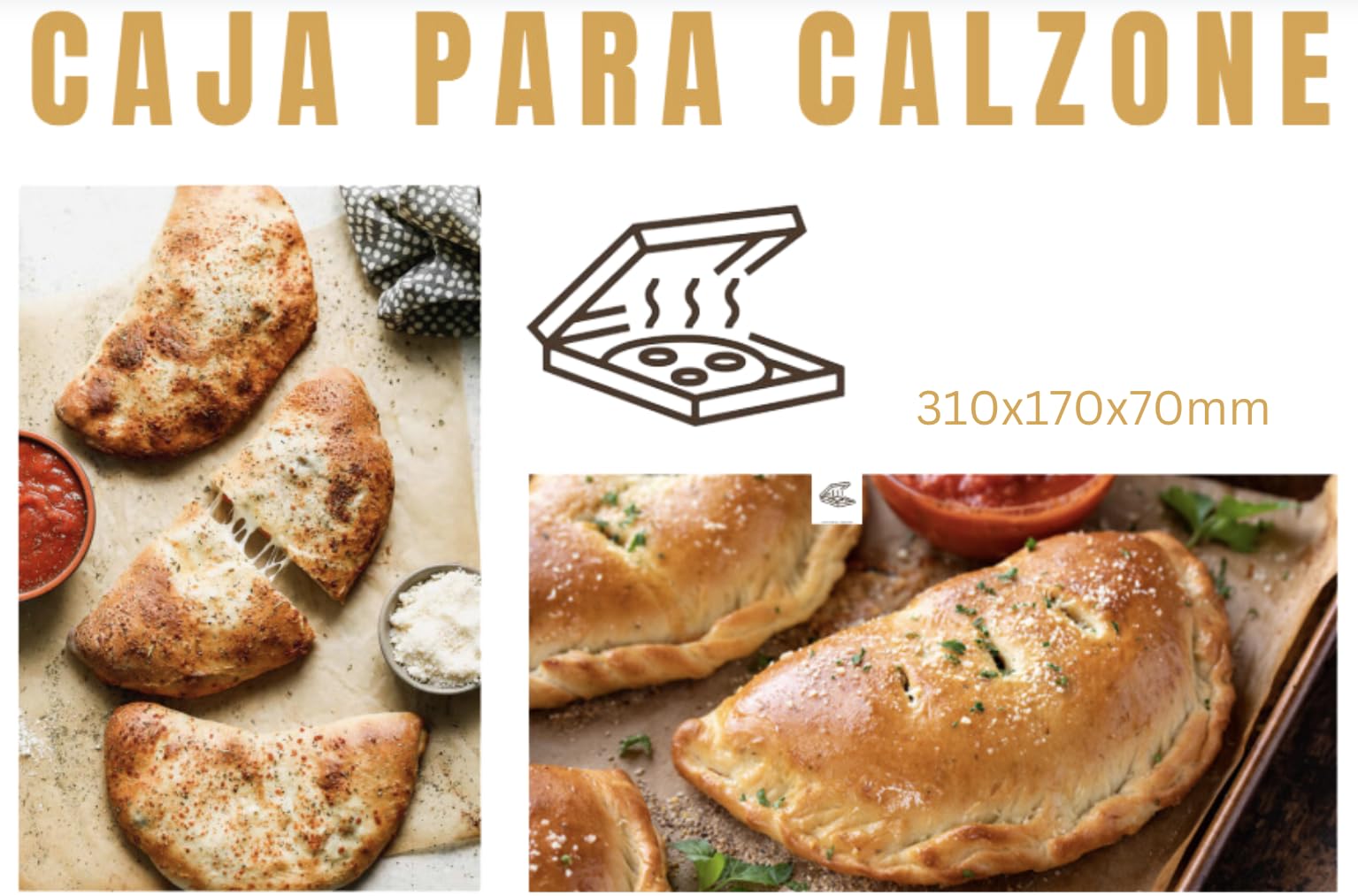 Caja de Cartón para Pizza Calzone, Envase Alimentario Resistente, Ideal para Pizzería, Restauración, Takeaway y Delivery, 310 x 170 x 70 MM, 150 UDS
