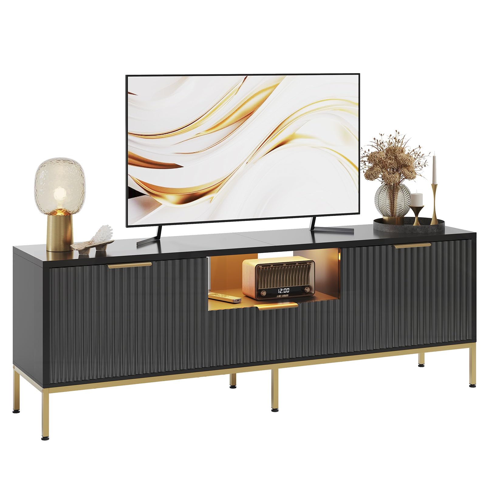 Bestier Fluted TV Stand for 55/60 Inch TVs, Modern Entertainment Center with Storage, Glossy Media Console Table with Wave Pattern for Living Room & Bedroom, Black
