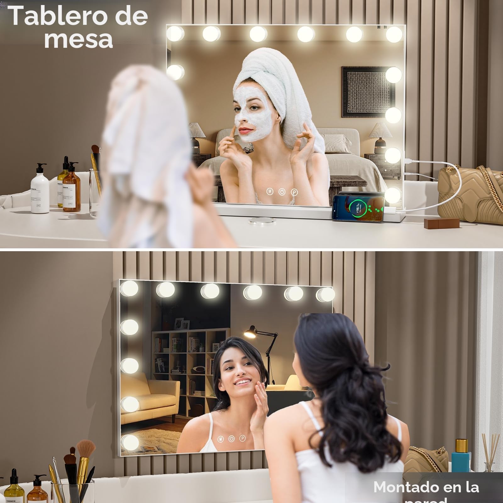 Espejo Hollywood con iluminación LED, 14 Luces, 3 Modos, USB, 10 aumentos, Mesa/Soporte Pared Dormitorio