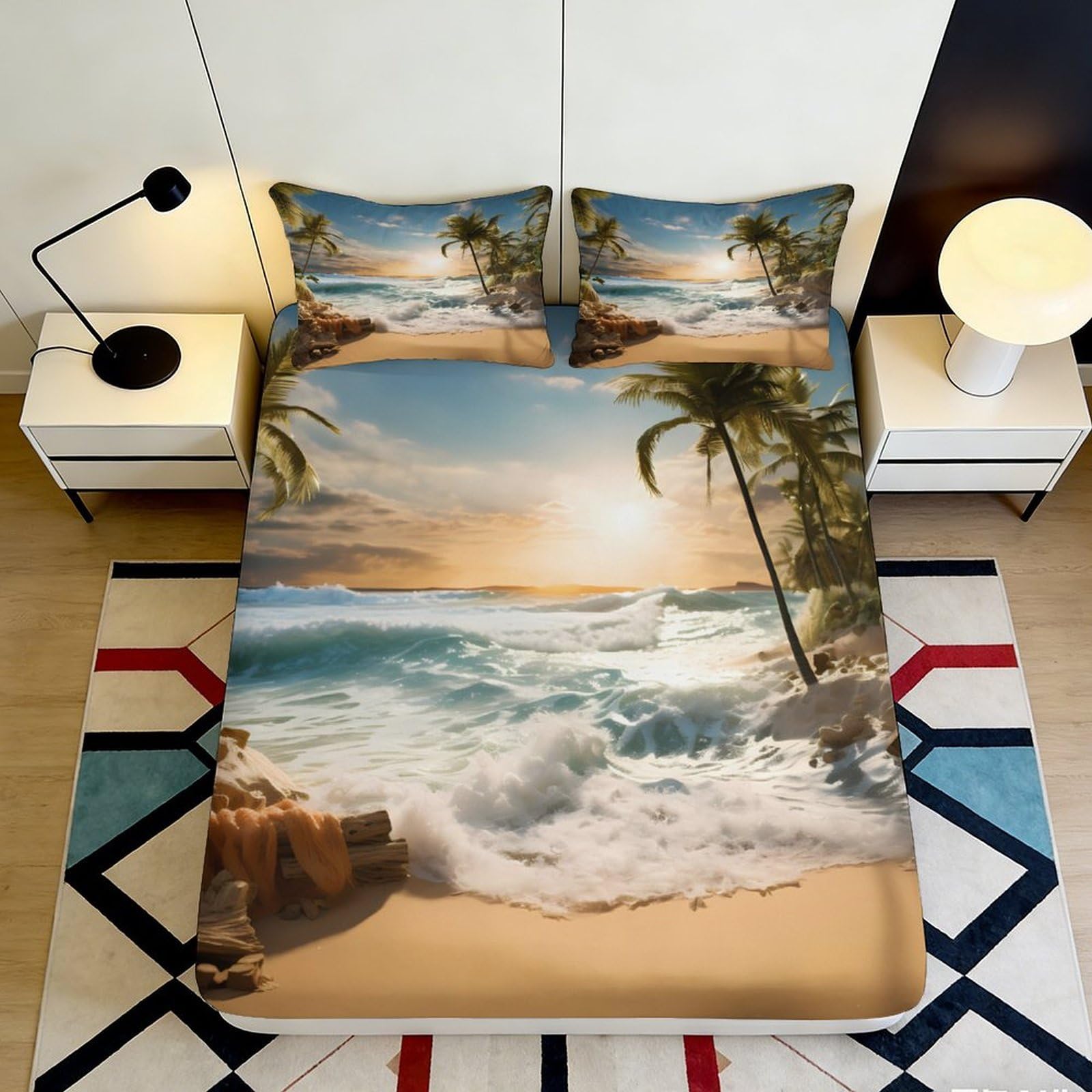 3D Printed Ocean Sunset Beach Fitted Sheet Microfiber Soft Anti-Slip Mattress Cover Palm Wave Decor for Bedroom Guestroom 90x200x25cm