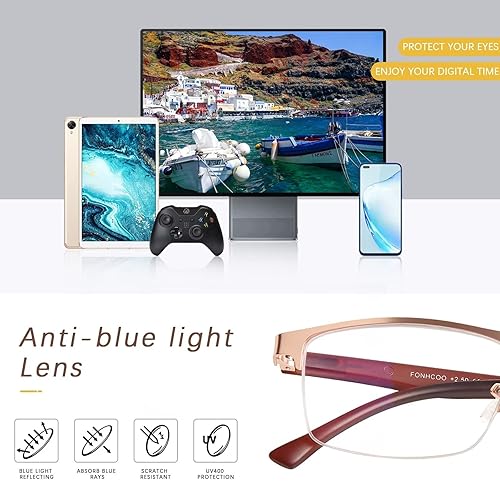Miniatura 5 de FONHCOO - Gafas de lectura para mujeres y hombres, gafas de lectura con bloqueo de luz azul, metal, medio marco, lectores de computadora, anti