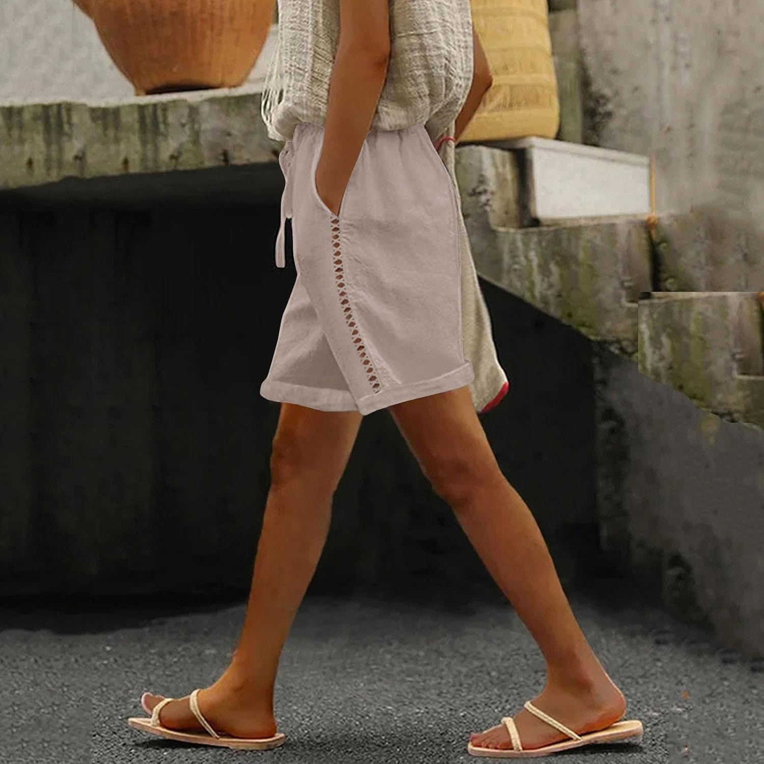 Shorts for Women Casual Cotton Linen Elastic Waisted Summer Lounge Pocket Shorts Side Lace Comfy Vacation Clothes