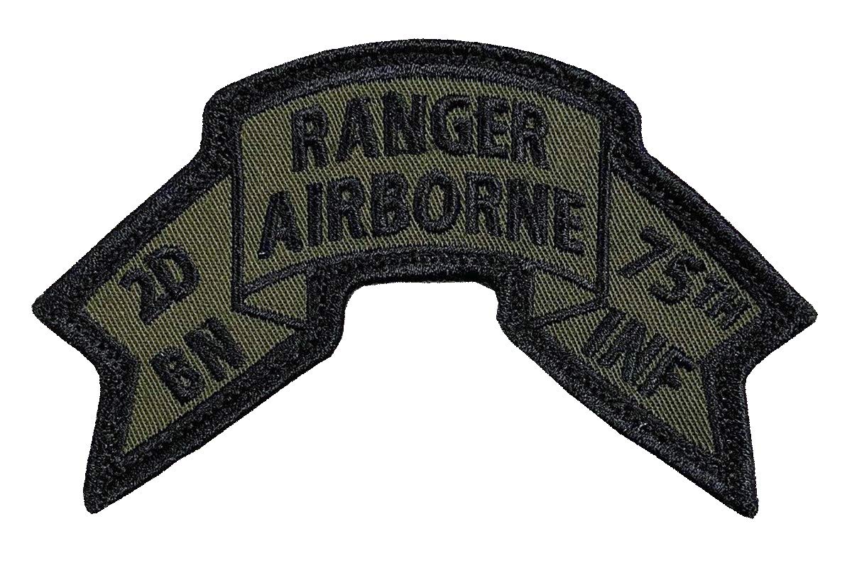 TM - Old Style US 2nd Ranger Battalion Ranger Scroll 4" x 2 3/8" (ODG) Hook & Loop Backed - 4" x 2 3/8" - Merrowed Edge - US Army Ranger - Airborne Ranger - SUA Sponte