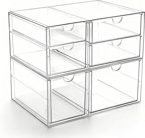 Prsildan Organizador de maquillaje acrílico con 6 cajones, juego de 2 organizadores de escritorio de oficina, cajones de almacenamiento apilables