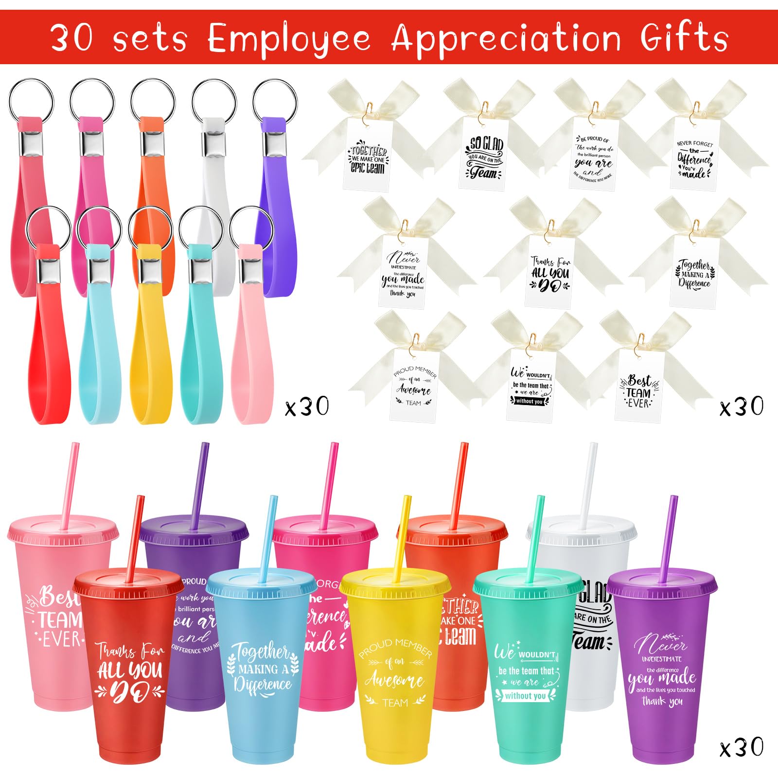 Tioncy Lot de 30 gobelets en plastique réutilisables de 710 ml avec couvercle et paille – Gobelets à café réutilisables avec porte-clés, carte à nœud – Cadeau de Noël pour collègues, employés (assorti