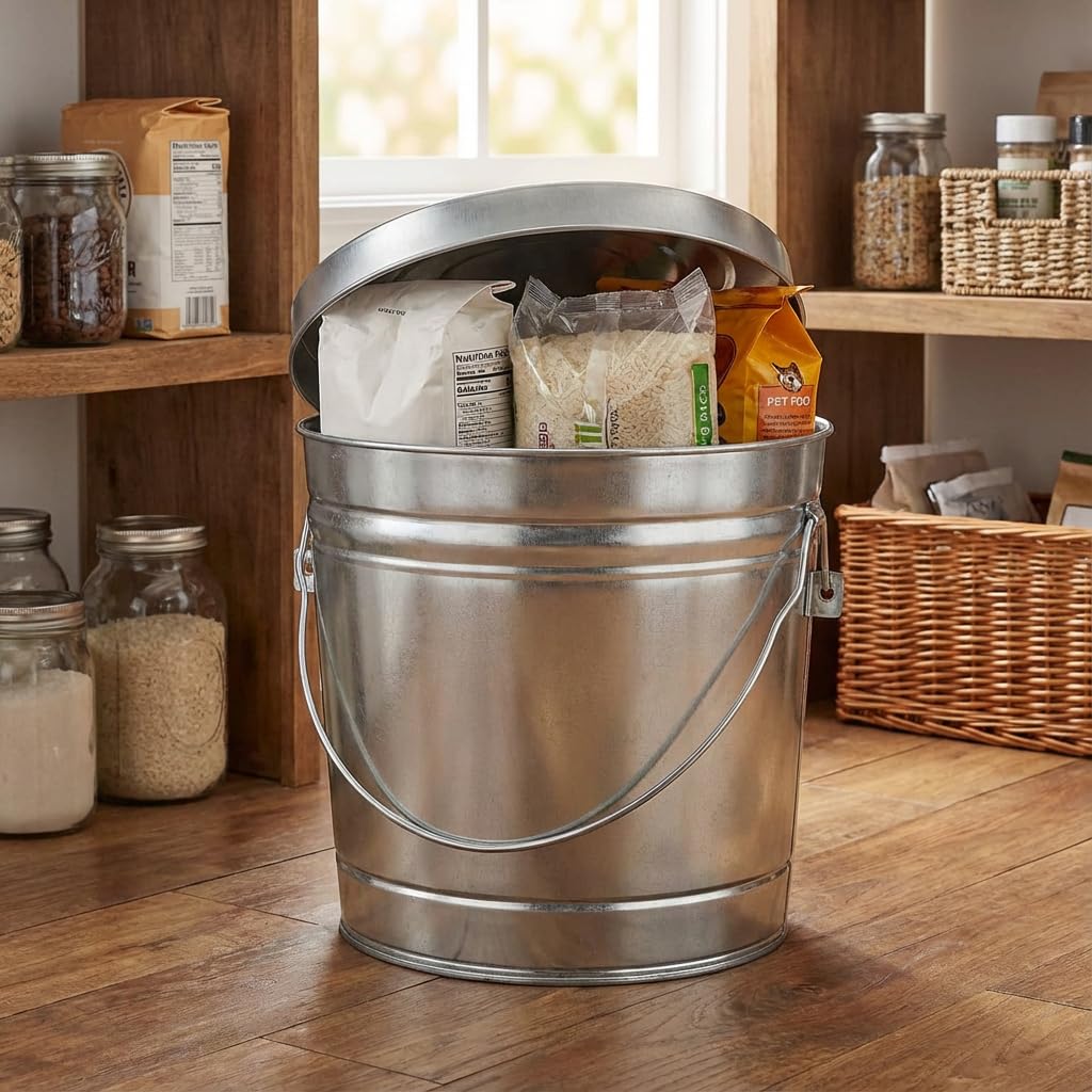 6 Gallon Galvanized Steel Storage Can,Bin w/Locking Lid & Handle,Round Trash Can Galvanized Bucket for Food,Dry Goods & More