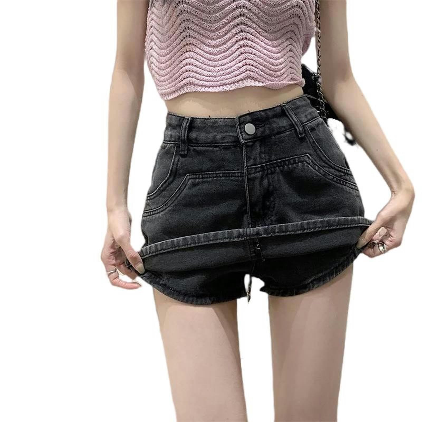 Short en jean femme denim délavé noir taille haute confort doublé