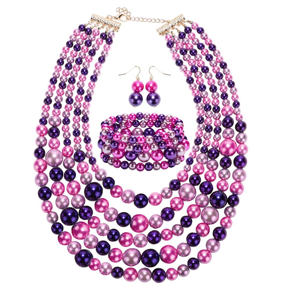 Artscope Simulated Faux Pearl Jewelry Set for Women 5 Layers Strand Pearl Necklace Bracelet Earrings Set