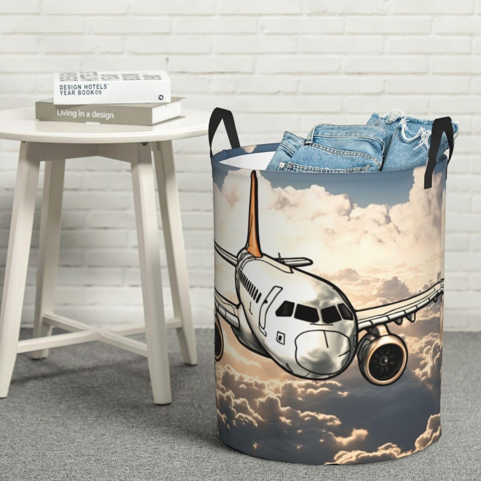Fodpand Black Airplane Flying Laundry Basket With Handle, Freestanding Laundry Hamper, Collapsible Dirty Clothes Hamper, Waterproof Fabric Blanket Storage Basket Tall Toy Storage Bin Room Decor Small