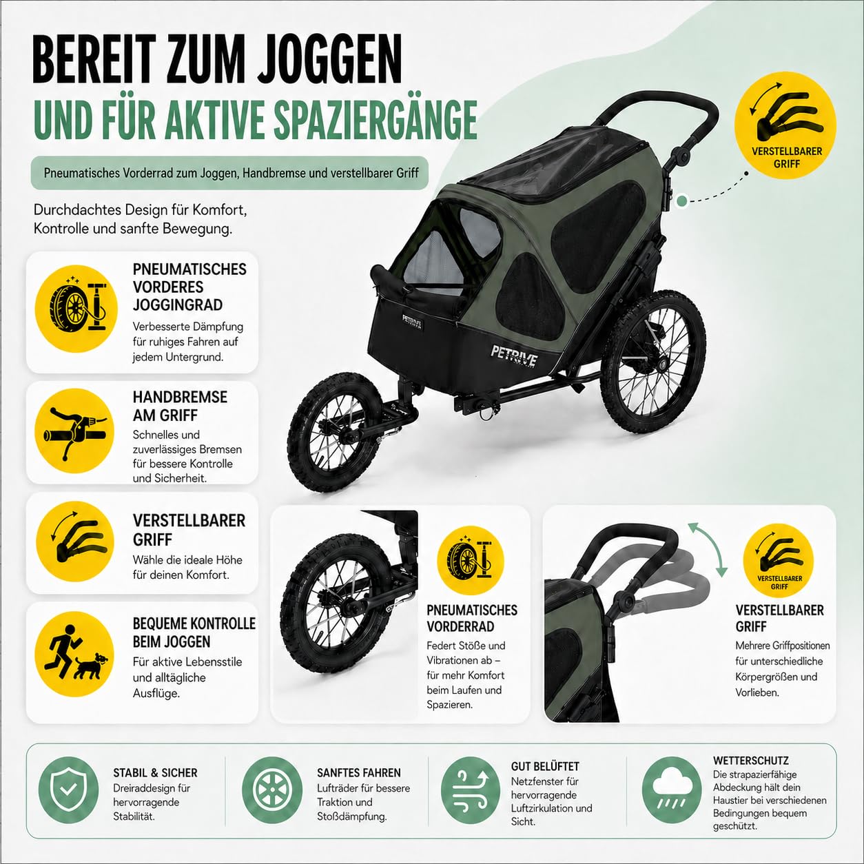 Przyczepa rowerowa 4 w 1 dla psów, wózek dla psów, duży transporter do 30 kg, PETRIVE