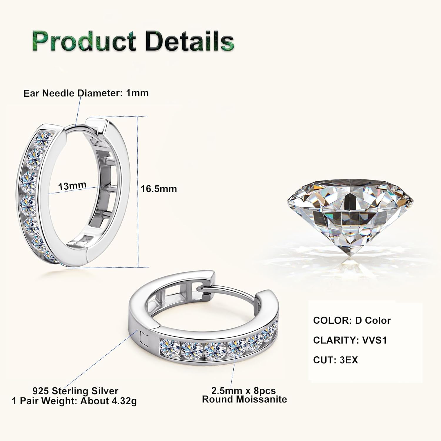 Moissanite Hoop Earrings Channel Setting Round D Color VVS1 Clarity 925 Sterling Silver Hinged Huggie Durable Hoop Earring Gifts for Women and Men