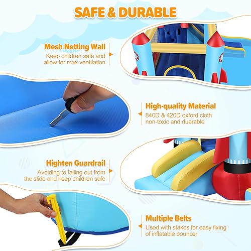 Miniatura 6 de WONFUY Casa inflable de rebote casa inflable con soplador de aire castillo de salto con tobogán pozo de bola rebotante pared de escalada estacas