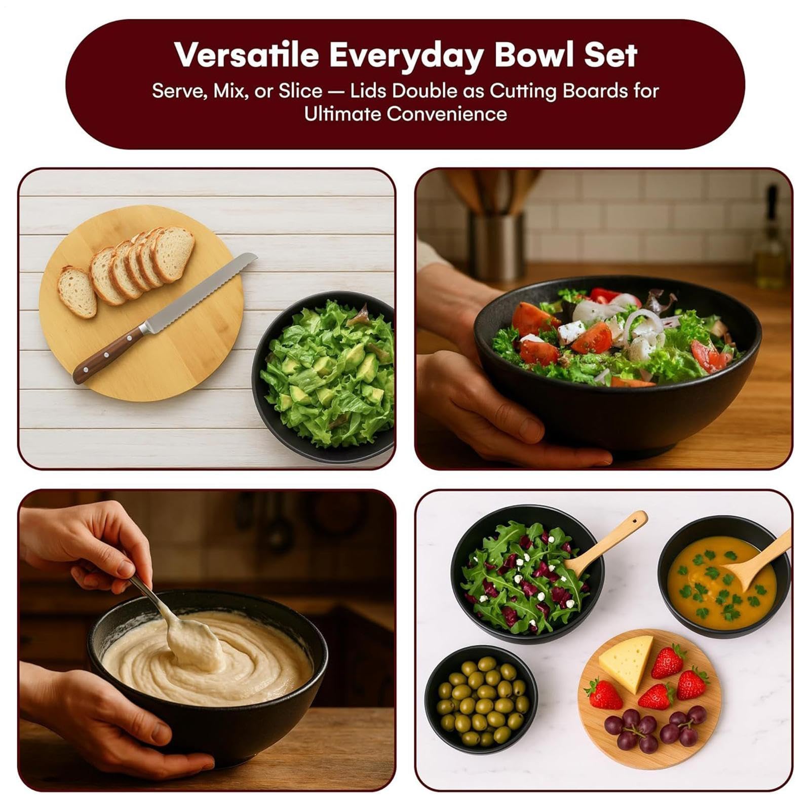 Genérico Boles Con Tapa,Preparación Almacenamiento Servicio | Cuenco Para Servir,Anidables Para Cocina Preparación Y Servicio De Comidas Ensalada Snacks Pan Sopa Frutas Verduras Con