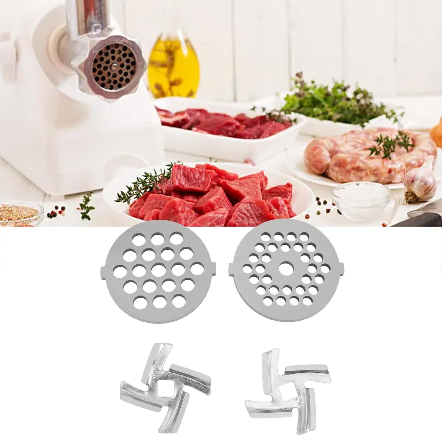 4Pcs Stainless Steel Grinder Kit, Meat Grinder Parts Blades,Size 5 Stand Mixer Blades & Plates Premium Food-Grade Replacement Parts for Mincing Sausage Making Meat Processing