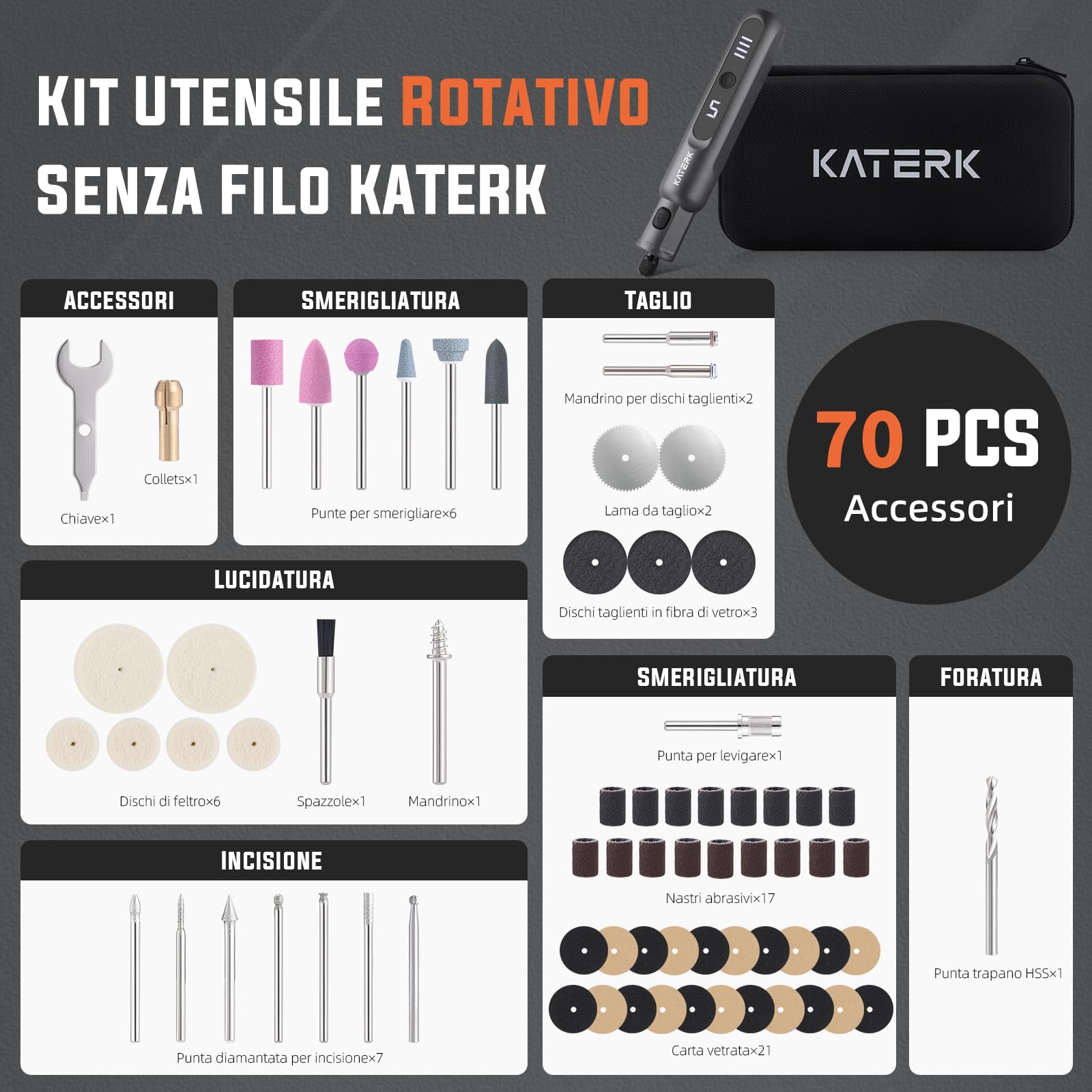 Katerk Kit di Utensile Multifunzione 3.7V Utensile Rotante 20000 giri/min 2500mAh 70 Accessori per Foratura Fresatura Incisione Lucidatura Grigio