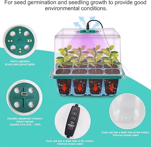 Miniatura 4 de Bandeja de inicio de semillas con luz de crecimiento, kit de inicio de semillas, bandejas de inicio de germinación de plantas con cúpula de humedad