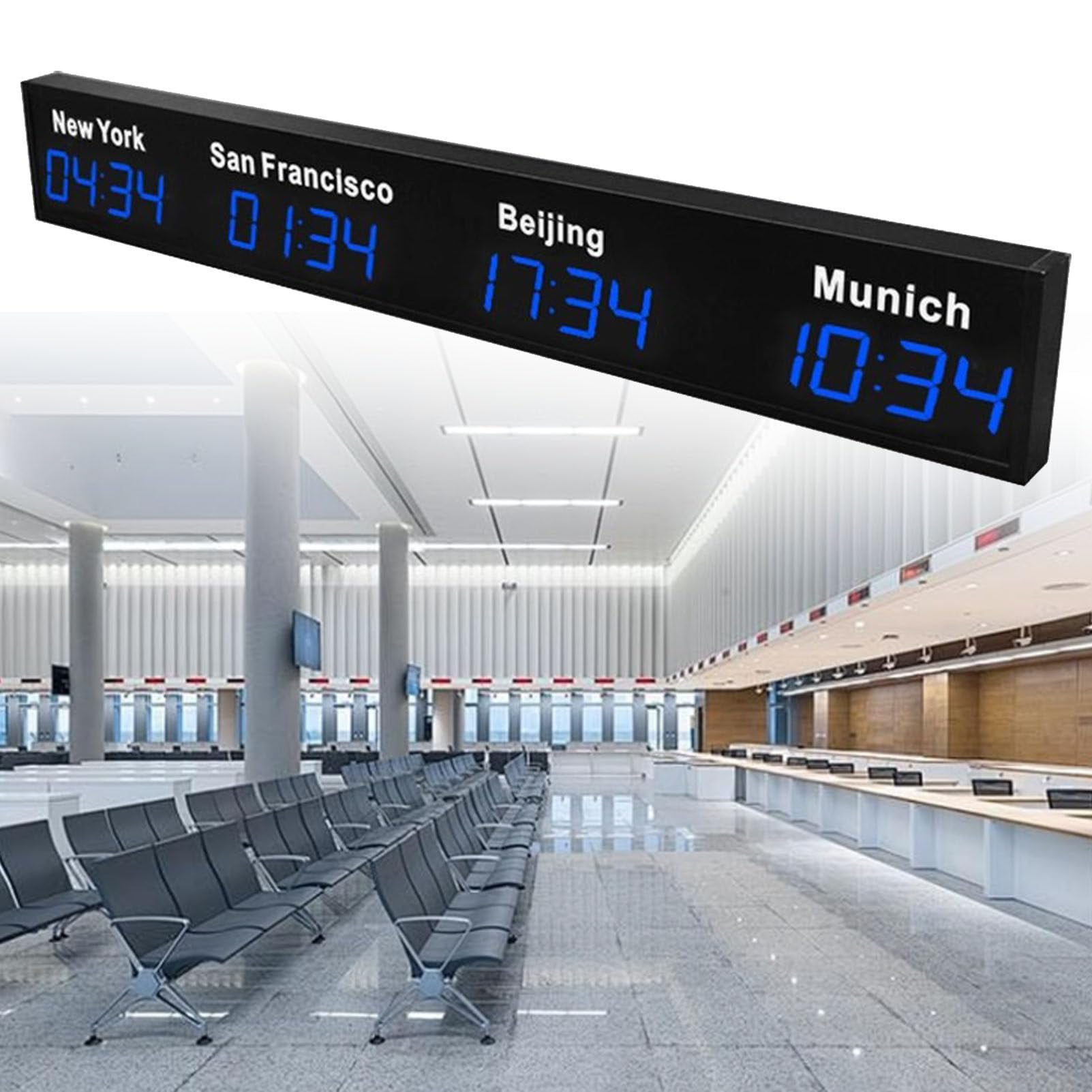 Digitale LED-Weltzeituhr, Wandmontage, 3/4/5 Zeitzonen, Stadtzeitzonen-Weltzeituhr, Stadt kann geändert werden, Vollaluminiumgehäuse, für multinationale Konzerne/Hotels/Unternehmen,Blue-4City