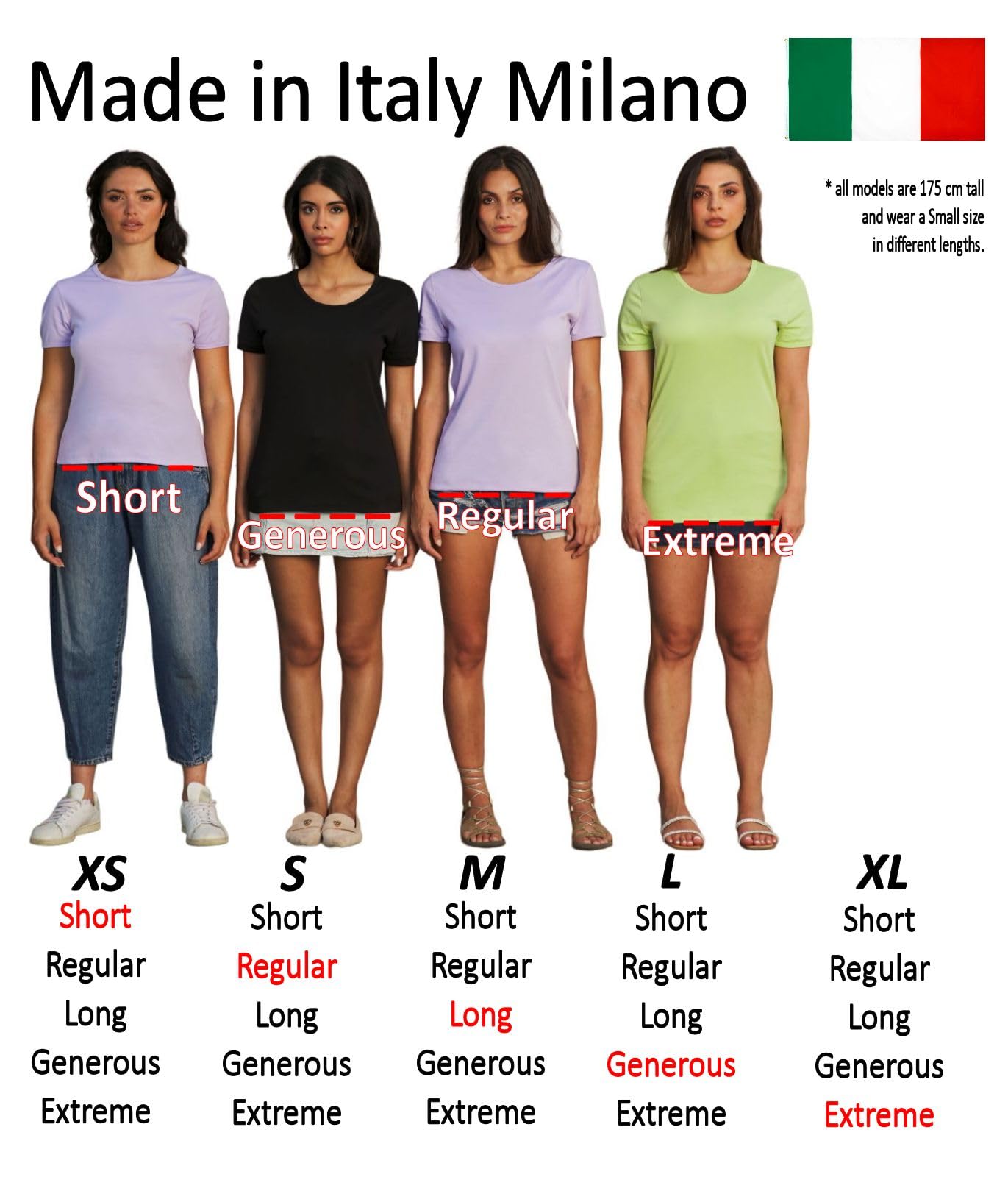 Camiseta de Mujer de Manga Corta – Algodón Pima Superior de Lujo – Producción Italiana – 5 Largos Diferentes