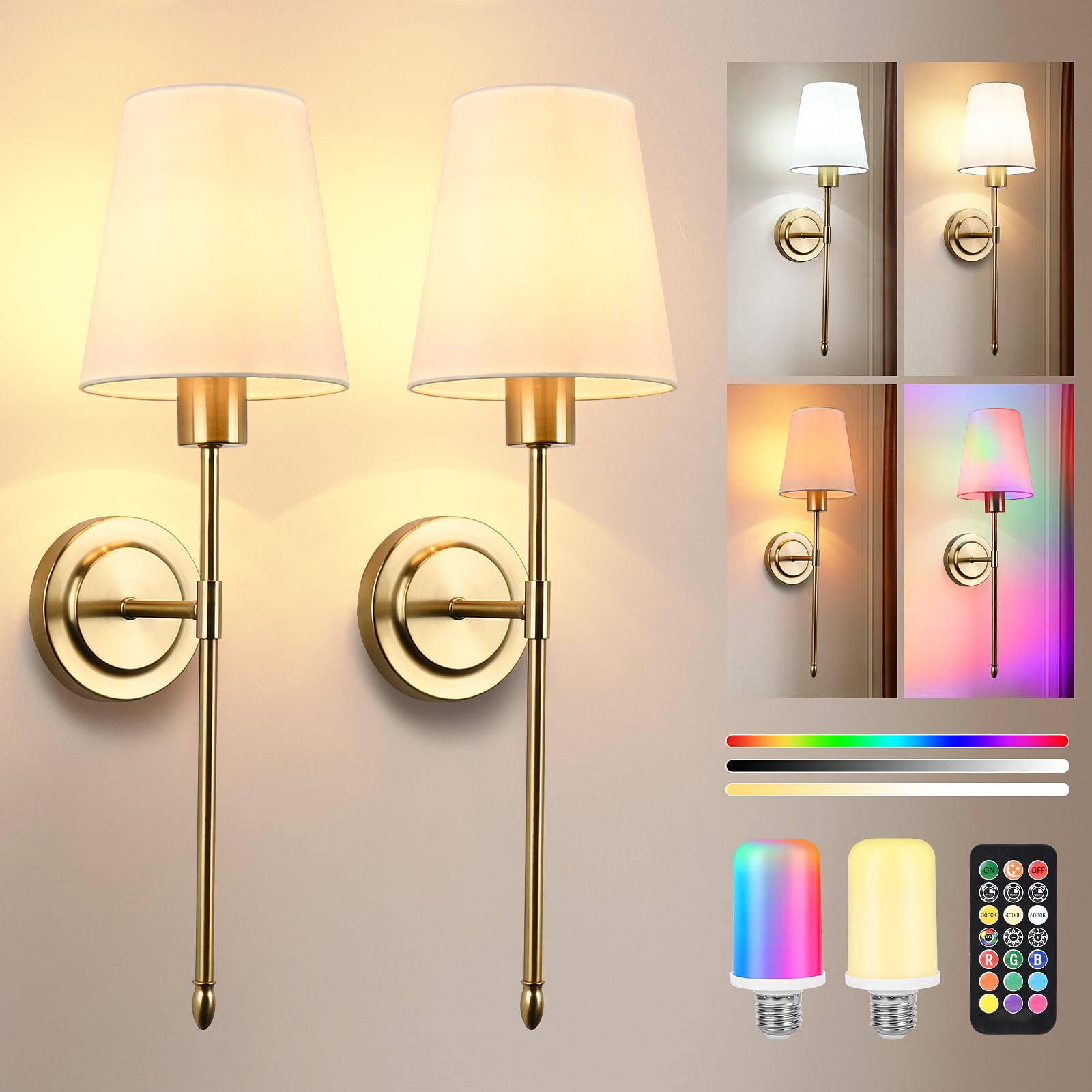 2 Pezzi Applique da Parete Interno,6000 mAH Applique Senza Fili,Lampada da Parete a batteria Ricaricabile USB,Lampada da Muro Dimmerabile con Telecomando per Camera da Letto Soggiorno Corridoio (Oro)