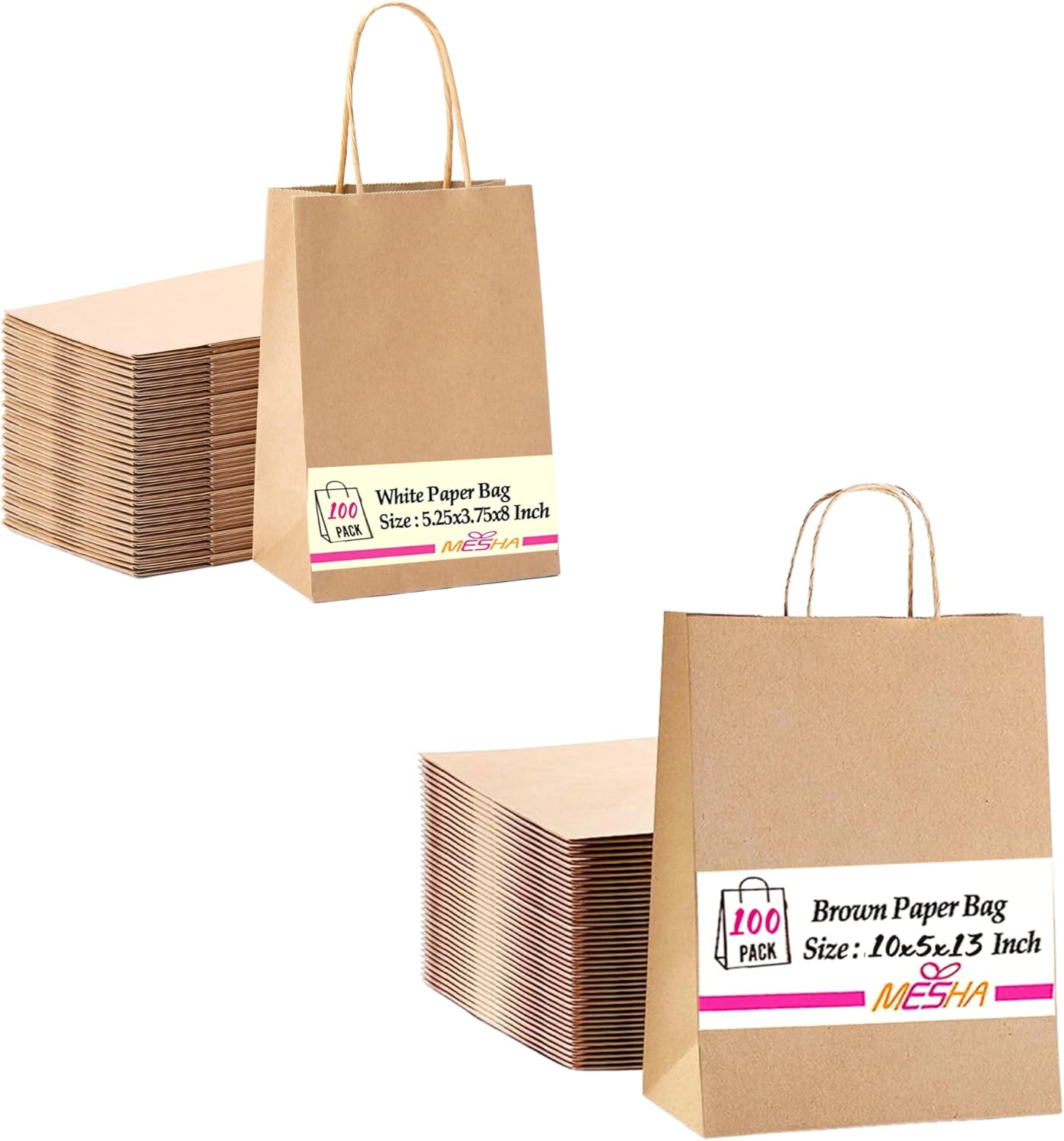 MESHA Brown Paper Bags with Handles, 100 Pcs Kraft Pape
