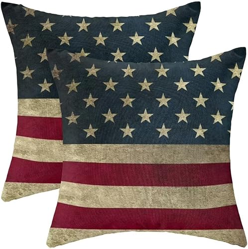Juego de 2 fundas de almohada para el 4 de julio, 18 x 18 pulgadas, decoraciones retro de bandera americana, fundas de almohada patrióticas para el