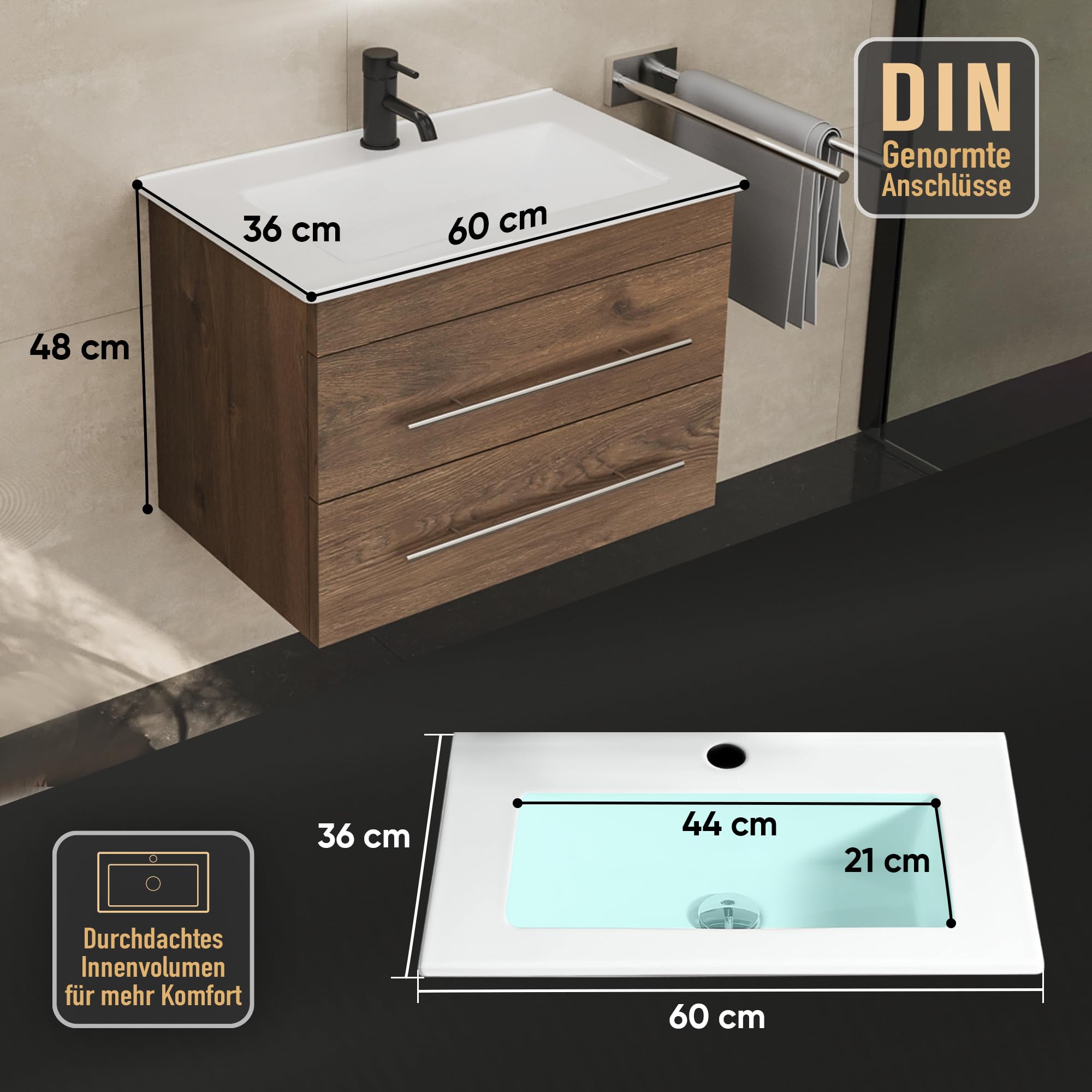 Alpenberger Badmöbel Set mit Waschbecken | Badschrank mit 2 Schubladen | Hängeschrank Bad | Waschtisch mit Unterschrank | Badezimmer Möbel | Waschbeckenunterschrank Eiche 60 cm