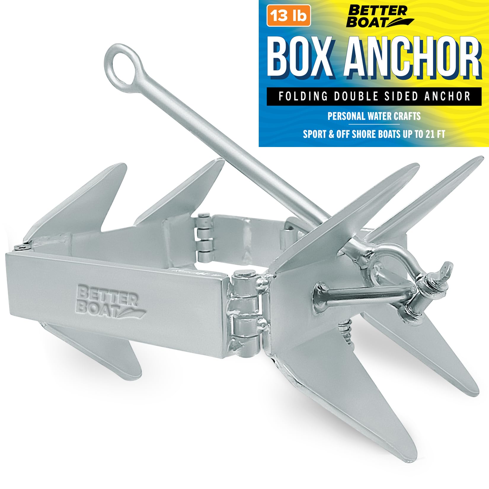 Folding Boat Box Anchor 13lb, 19lb or 26lb, Prevents Anchor Slide, for Boats up to 34 ft, Pontoon, Fishing, Cabin Cruisers, Hot-Dipped Galvanized