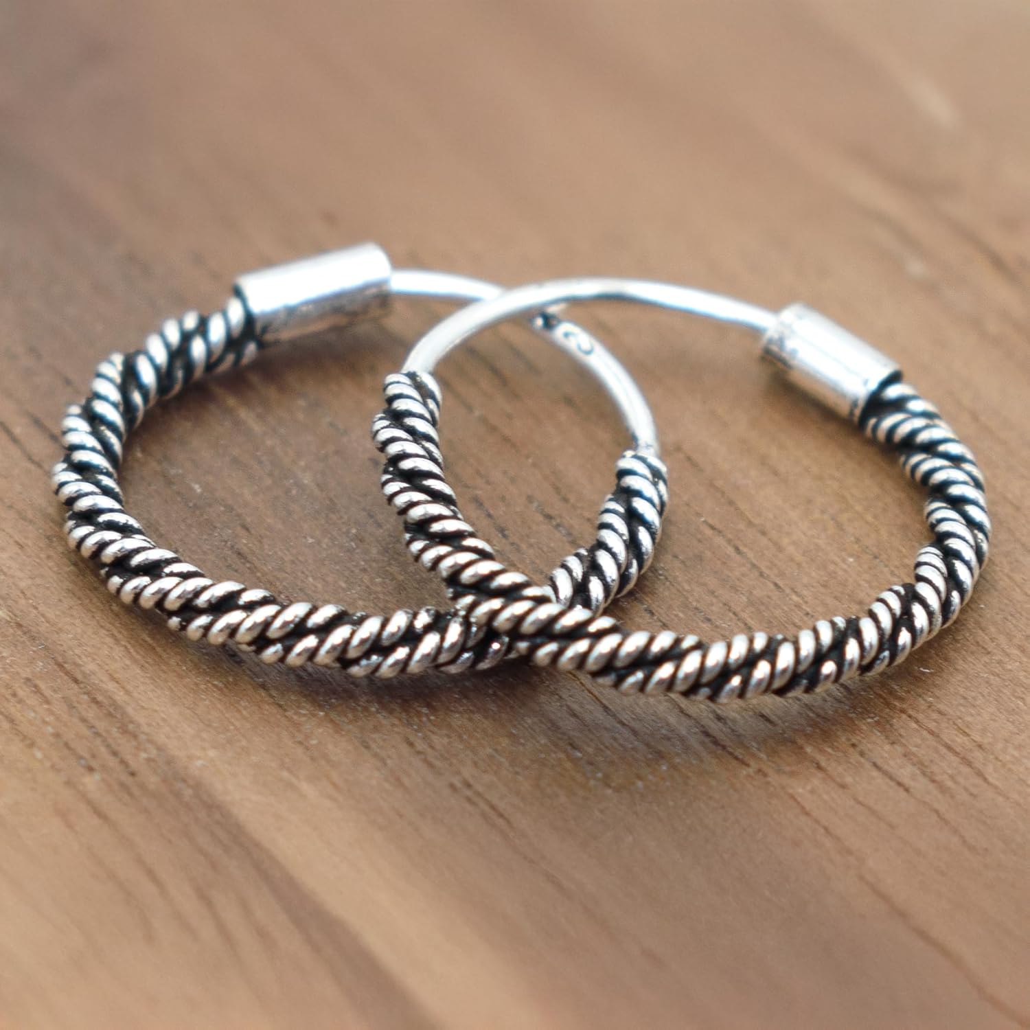 925 Sterling Silver Oxidized Vintage Layered Hoop Earrings, 13mm, Antique Style - Image 2