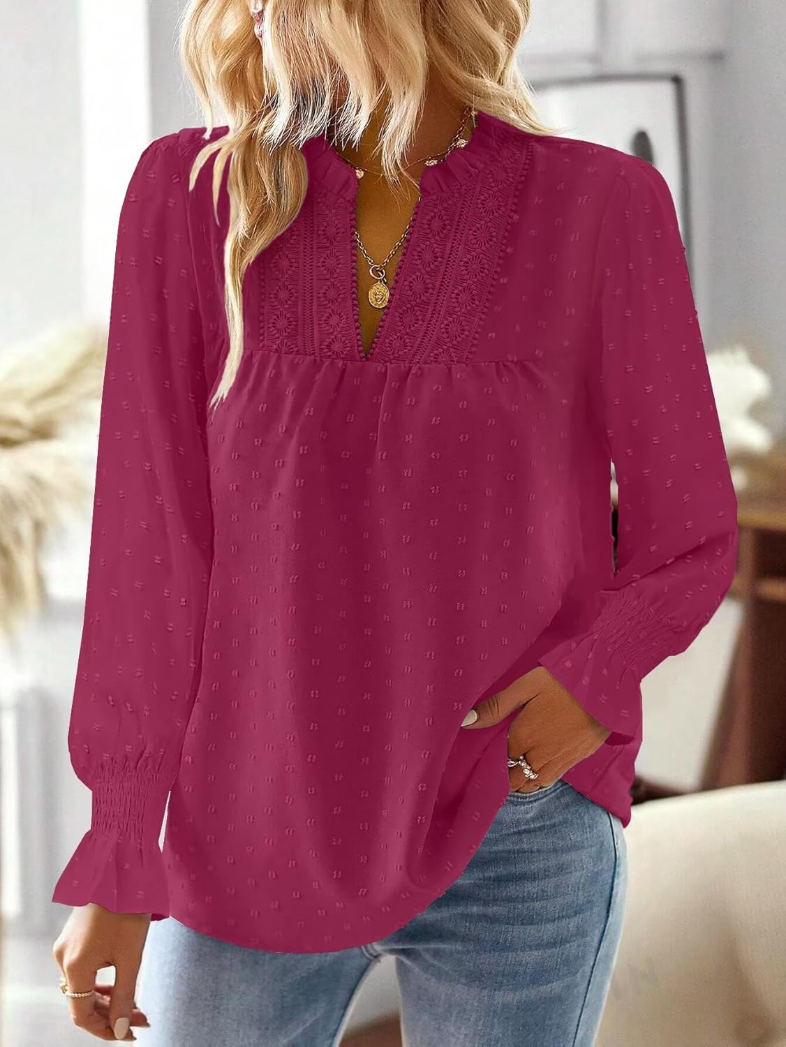 Boho Tops for Women V Neck Blouses Flowy Swiss Dot Dressy Casual Lace Womens Long Sleeve Shirts Trendy 2026