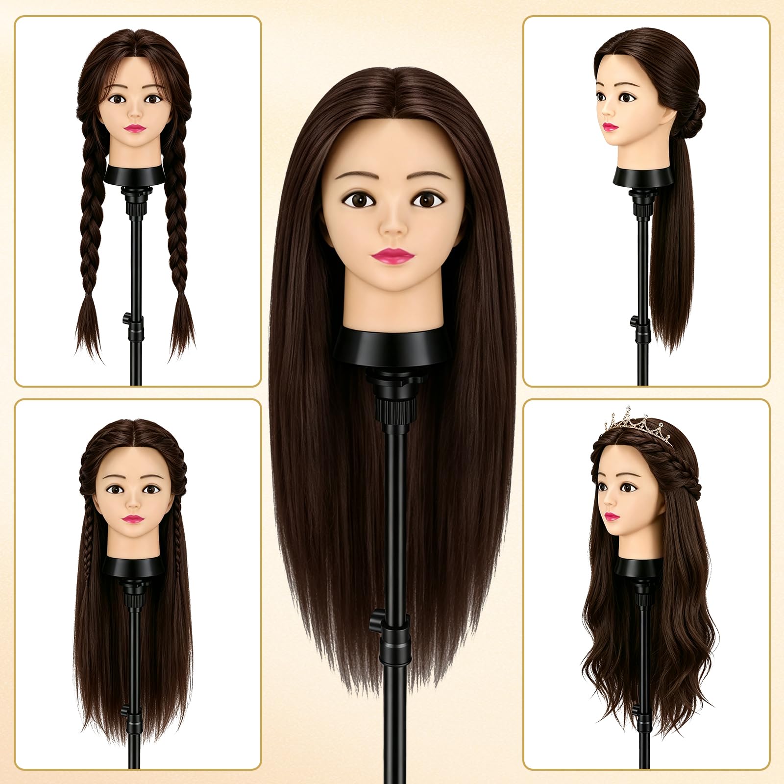 TwoWin 60 cm Trainingsköpfe Friseur, 24 Zoll Frisierkopf mit 80% Echthaar | Übungskopf Friseurkopf Puppenkopf mit Tischhalter + Haar Styling Braid Set (Rotbraun)