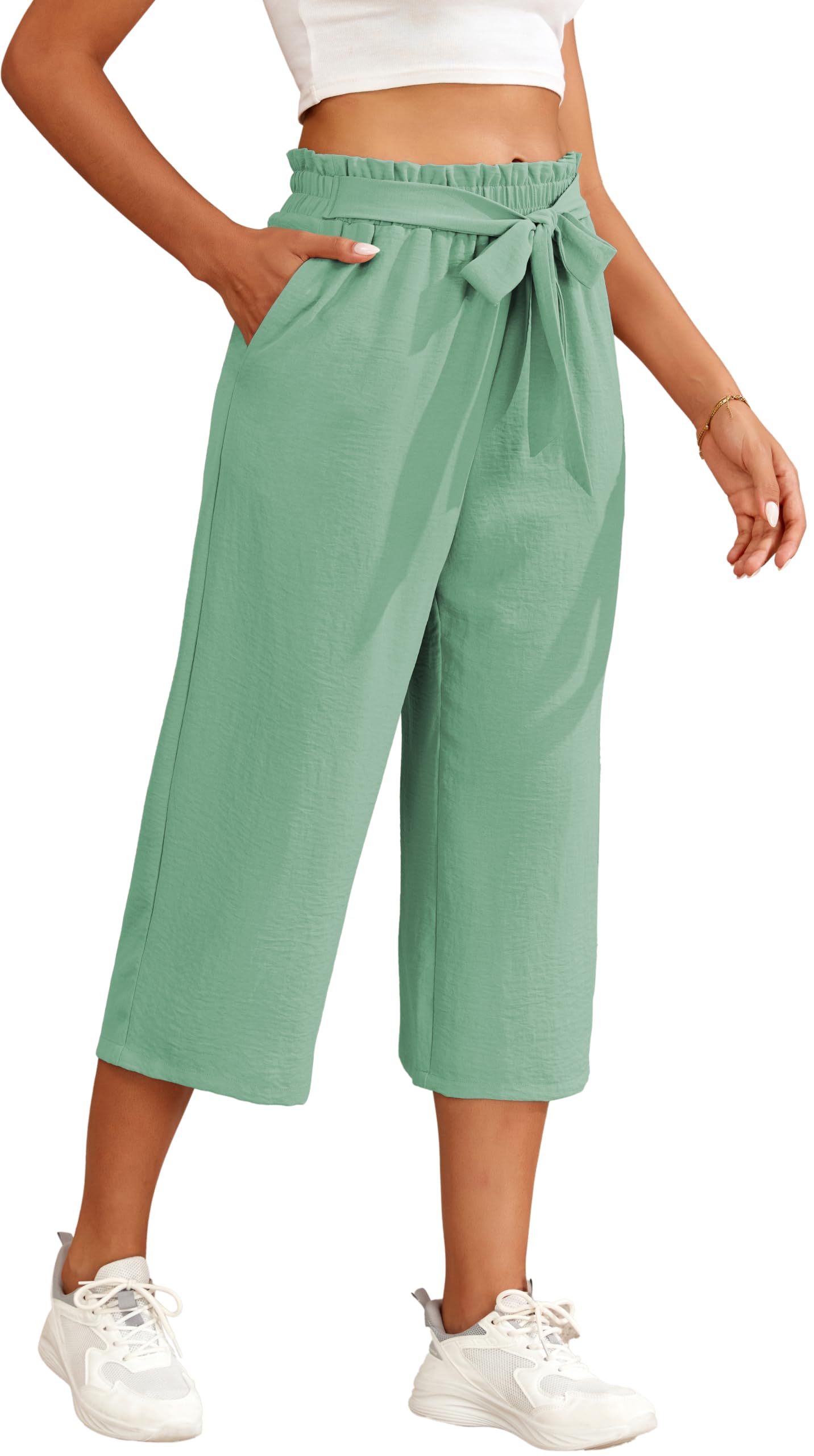 Pantacourt Large Femme Taille Haute Pantalon Capri D'été Jambes Larges Fluide Élégant Décontracté avec Poches Profondes Ample Léger Respirant
