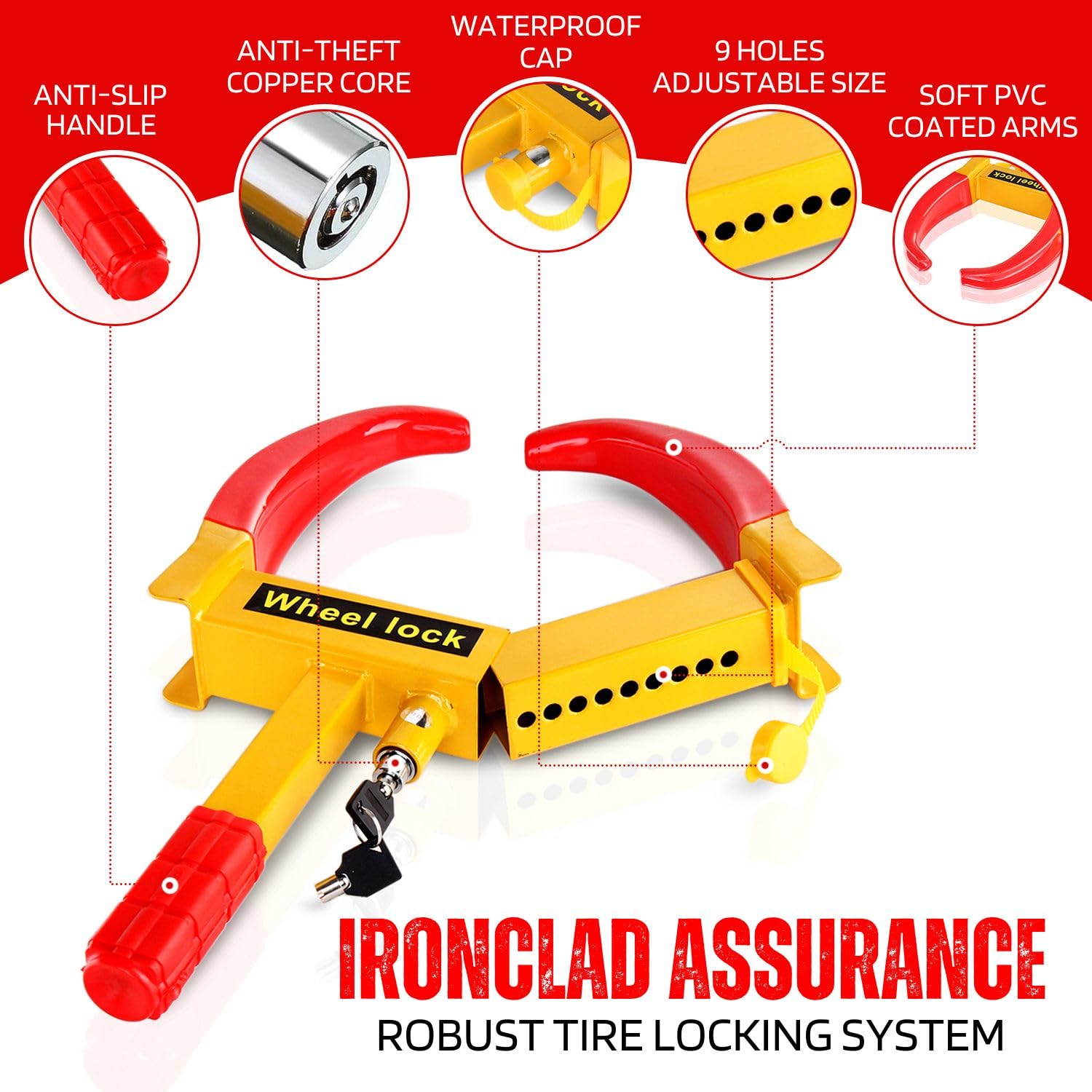 Heavy-duty trailerslot wielklem, verstelbaar anti-diefstal bandenslot, geschikt voor auto vrachtwagen RV boottrailer auto golfkar met drie sleutels (Kleur: Geel, Maat: 48cmx18cm) little surprise
