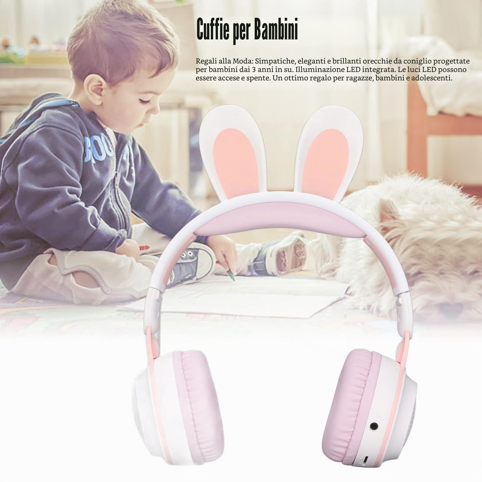 Cuffie Bluetooth 5.0 Pieghevoli con Microfono Simpatico Orecchio di Coniglio Cuffie Over-Ear Wireless per Bambini Verdi Adolescenti Adulti, 12 Ore di Ascolto, TF/Aux, 7 Modelli Integrati(Bianco Rosa)