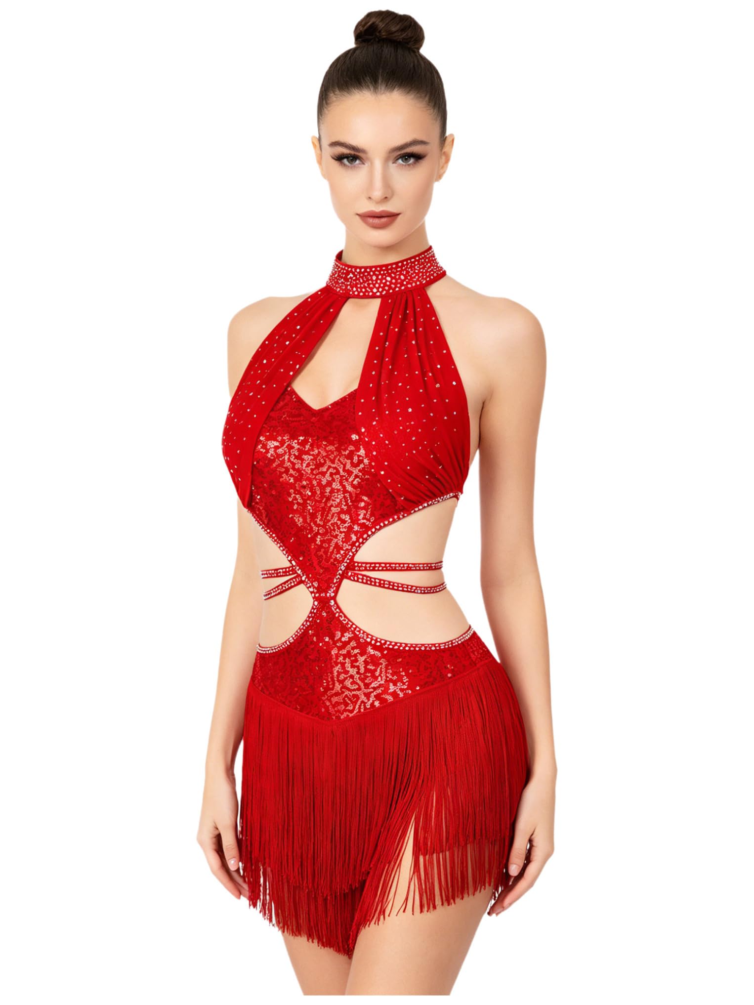 Oyolan Donna Corpetto Danza Con Frange Body Danza Latina Leotard Con Paillette Ginnastica Abito Pattinaggio Artistico
